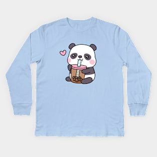 Cute Little Panda Loves Bubble Tea Kids Long Sleeve T-Shirt